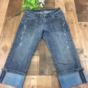 Debaggio Distressed Wide-Cuffed Dyed Denim Capris